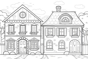 Fototapeta premium Black and white illustration of two charming houses with decorative elements. Outline for coloring.