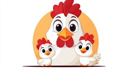 Obraz premium Adorable Hen with Two Chicks Cartoon Illustration Happy Family Farm Animals