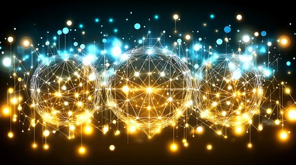 Glowing geometric spheres connected by lines of light.