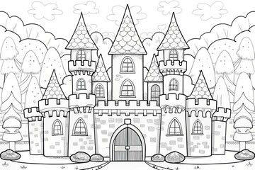 Obraz premium A whimsical castle surrounded by trees and clouds, designed for coloring. Outline for coloring.