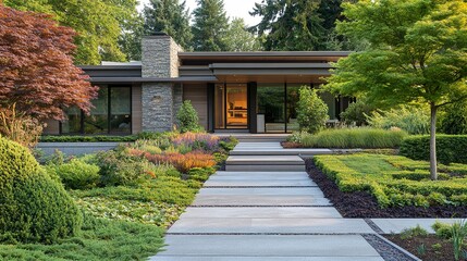 Contemporary home with large stone accents minimalist design a wide walkway lined with vibrant plants soft natural lighting. 