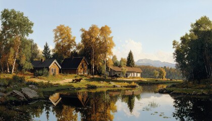 Obraz premium Autumnal landscape of a lake surrounded by houses and colorful foliage, reflecting