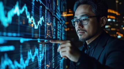 A businessman analyzes digital data on a futuristic screen in a cityscape setting.