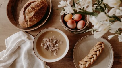 Traditional greek easter feast with koulourakia, tsoureki, and magiritsa soup