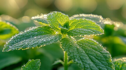 Dew-kissed Mint Leaves in Morning Sunlight