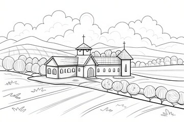 A serene landscape featuring a drawing of a church amidst rolling hills and trees. Outline for coloring.