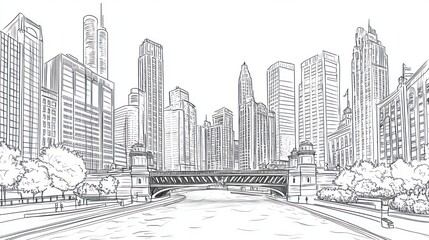 Chicago Skyline Line Drawing, Cityscape, River, Bridge