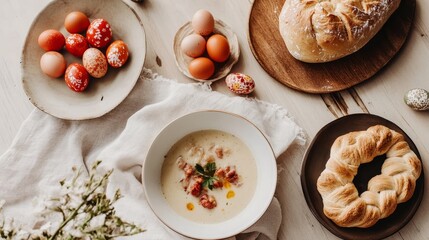 Traditional greek easter feast with koulourakia, tsoureki, and magiritsa soup