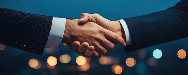 Handshake over cityscapes showing connection and partnership concept. Two business professionals shaking hands in a city setting.