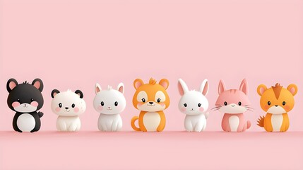 Cute Animals in a Row on Pink Background