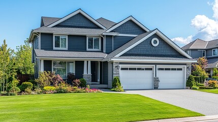 Fototapeta premium Contemporary two-story home with minimalist architecture blank sign on the front lawn bright daylight crisp shadows clean design. 