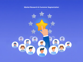 Naklejka premium A simple infographic showcasing a marketer touching a golden star rating icon that floats above a sea of customer review icons.