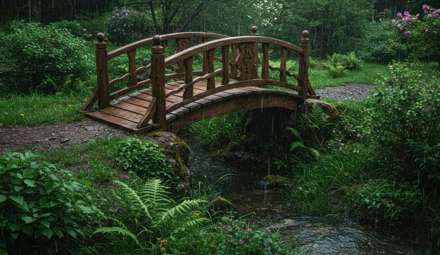 A wooden bridge over a stream in a lush, rainy forest, - Powered by Adobe