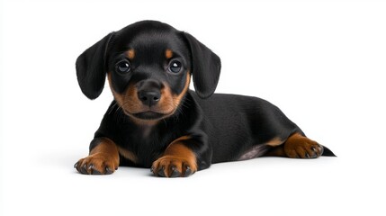 Obraz premium Adorable Dachshund Puppy Lying Down on White Background Studio Shot of a Cute Dog