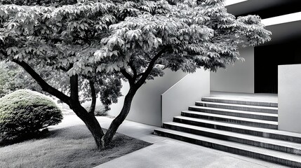 Fototapeta premium Serene Minimalist Scene: Tree and Modern Building in Black and White