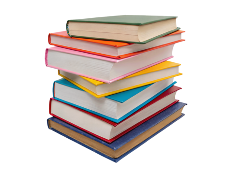 Stack of colorful books isolated on a white transparent background, PNG cutout, high-resolution digital image