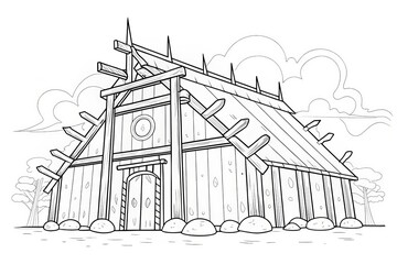 Fototapeta premium A detailed illustration of a rustic wooden structure surrounded by trees and clouds. Outline for coloring.