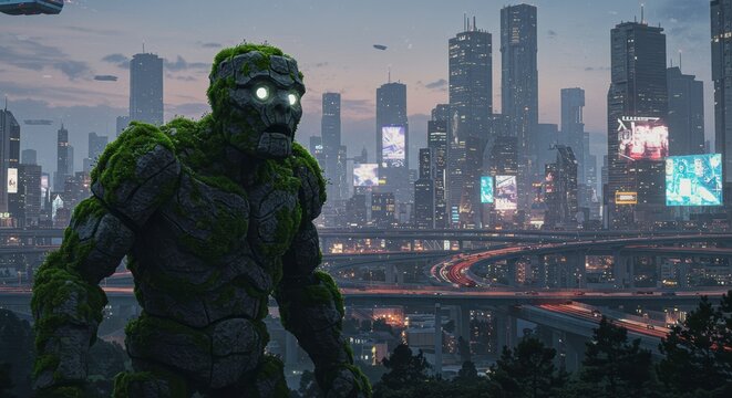 Mossy Stone Golem Overlooking Futuristic Cityscape at Night