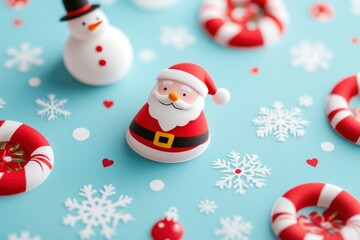 Christmas table decoration with Santa, snowman and snowflakes for holiday season