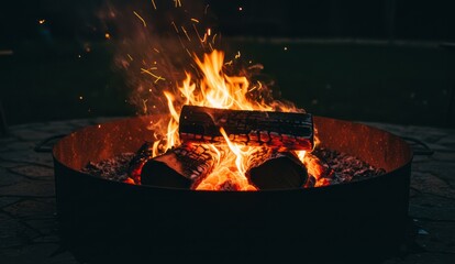 A campfire with wood logs burning in a fire pit, Warm and cozy feeling,