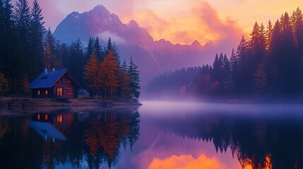 Fototapeta premium Cozy forest cabin reflecting on a still lake fog-draped mountains framing the horizon soft purple and orange dusk tones panoramic scene. 