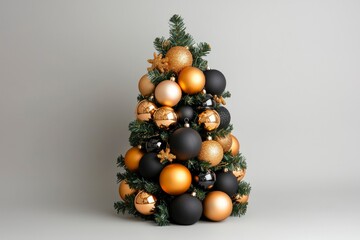 Fototapeta premium Christmas tree with gold and black ornaments on plain background for holiday events