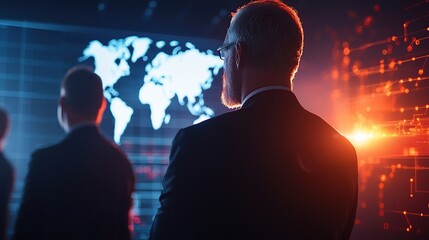 Professionals analyzing data with a world map backdrop in a digital environment.