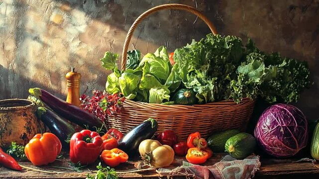 A bountiful harvest still life showcasing a variety of vibrant and fresh vegetables, artfully arranged.