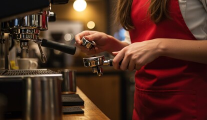 Barista prepares espresso using a professional coffee machine,