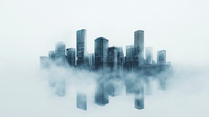 Obraz premium Dense fog enveloping city skyline minimalistic house outlines glowing windows horizontal panorama isolated on a clean white canvas. 