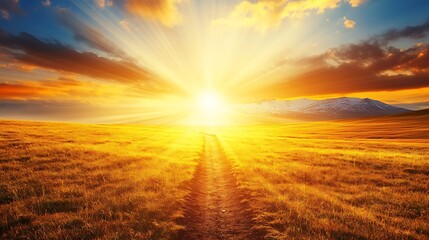 Majestic sunset over golden field, path leading to sunlit mountains.