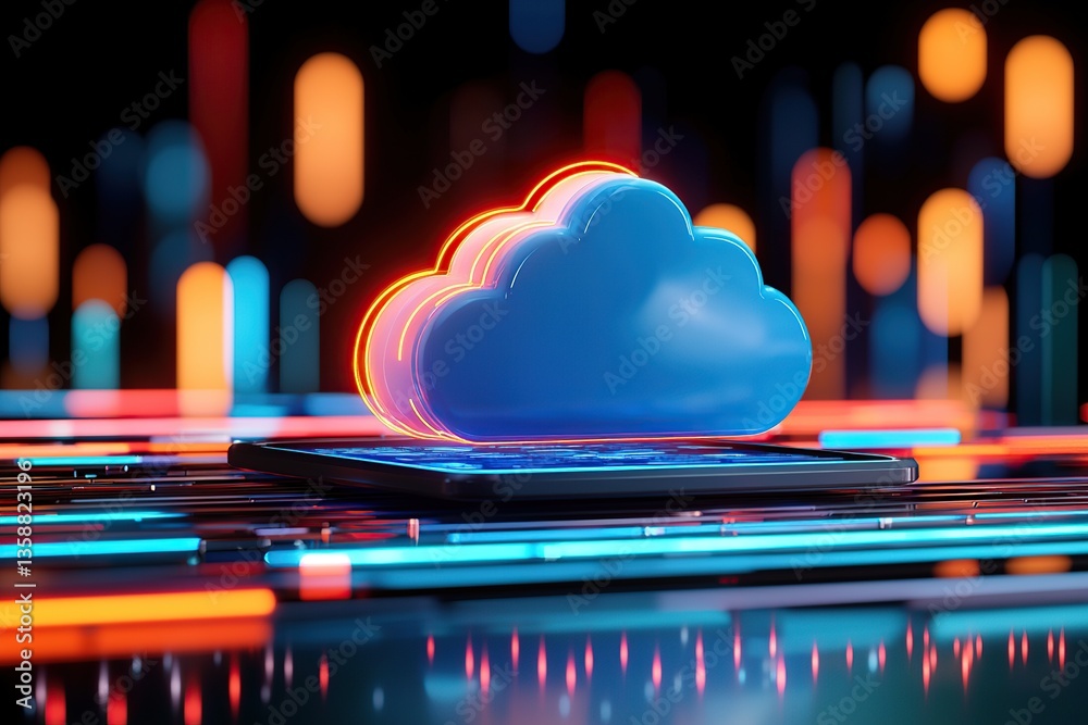 Wall mural digital cloud icon illuminated by vibrant colors, representing technology and data storage.