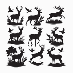 Fototapeta premium Black silhouette icon collection. Brown deer. Hoofed ruminant mammals. Cartoon animal design. Cute deer with antlers. Flat vector illustration isolated on white background stock illustration