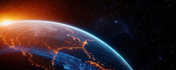 Obraz premium Earth at night showing global connections and future business concept. A stunning view of Earth from space, showcasing glowing cities.