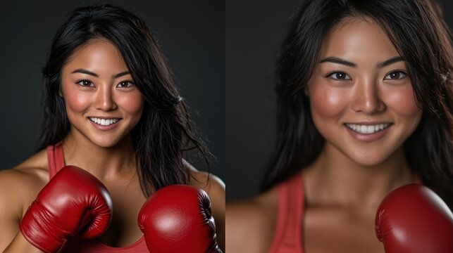 A split image of an Asian woman with dark hair, smiling and wearing red boxing gloves. Female boxer of Kyrgyz ethnicity. Kick-boxing. Athletic Korean girl