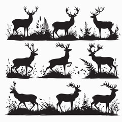 Fototapeta premium Black silhouette icon collection. Brown deer. Hoofed ruminant mammals. Cartoon animal design. Cute deer with antlers. Flat vector illustration isolated on white background stock illustration