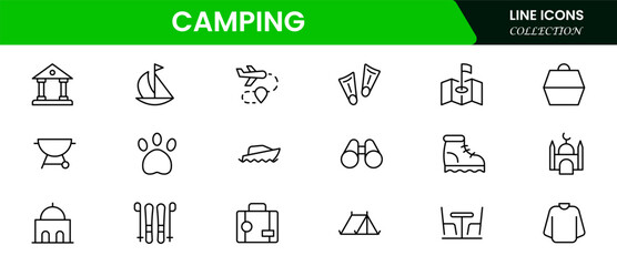 Camping outline icons set. Tent, campfire, backpack, hiking, adventure, nature, bag, compass, lantern and more. vector illustrator.