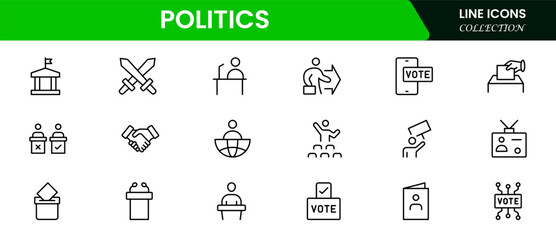 Politics icon set. It contains vector icons of Teams, Decrees, Votes, Absenteeism, Ballots, Campaigns, Demographics, Wars, Patriotism, Elections, Flags, Solutions, and Checking.