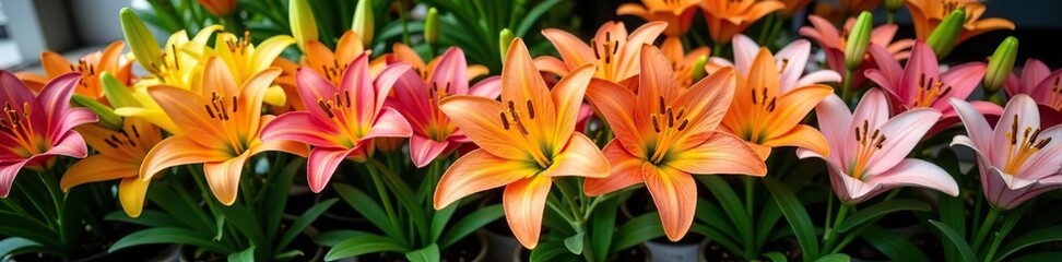 Vibrant lilies arranged in pots for sale at a flower market,  pots,  vibrant
