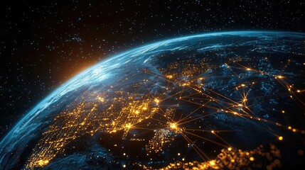 Fototapeta premium Earth at night showing global connections and future business concept. A stunning view of Earth from space, glowing with city lights.