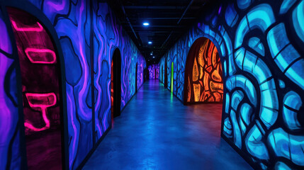 Fototapeta premium Vibrant Hallway with Colorful Neon Walls and Artistic Arches in an Indoor Space