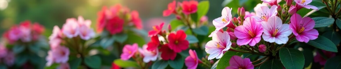Fototapeta premium Vibrant Million Bells flowers in various shades of pink, purple, and white blooming on a luscious bush, spring, outdoor