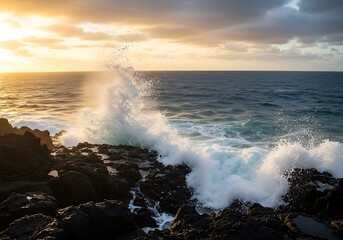 Obraz premium Ocean Wave Crashing on Rocky Shoreline at Sunset with Dramatic Sky