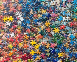 A vibrant, large pile of assorted puzzle pieces in various shapes and colors, including reds, blues, greens, and yellows, scattered on a wooden surface, inviting creativity and play.
