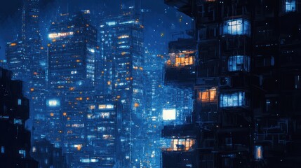 Obraz premium Futuristic city at night, illuminated buildings, urban scene, digital art, aesthetic cityscape