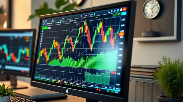Financial Stock Market Chart Analysis Motion Picture. Stock Exchange Data, Green and Red Candlestick Graph Footage. Investment Trading Display for Finance Business