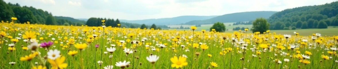 Obraz premium Vertical landscape of a field covered with wild flowers in Bavaria, Germany, vertical, meadow
