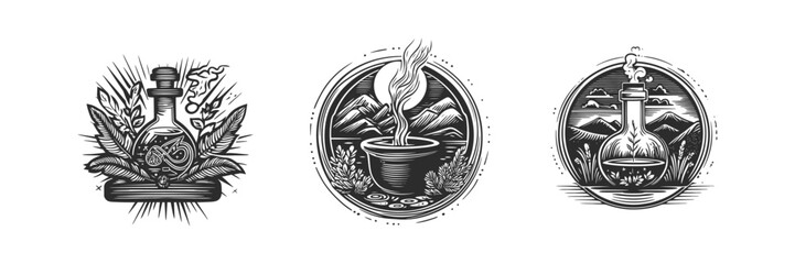 Hand-Drawn Illustrations of Vintage Bottles and Nature Elements