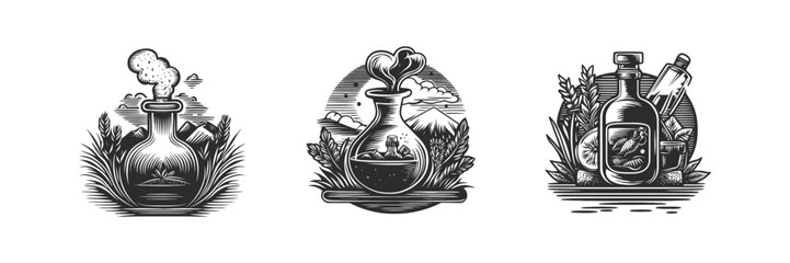 Vintage Hand-Drawn Scientific Bottles with Nature Elements