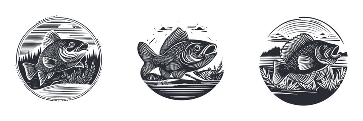 Vintage Hand Drawn Fish Illustrations with Scenic Backgrounds